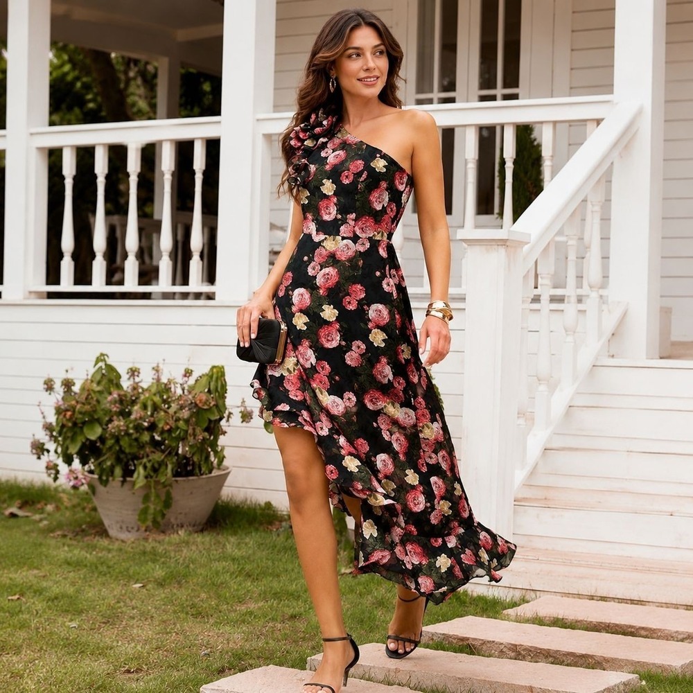 GRACE KARIN New Women's Midi Dress 12 One Shoulder Asymmetrical‎ Floral Ruffle